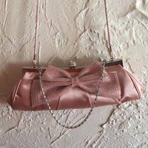 NWOT $75 Kate Landry Sequin Bow Pink Satin Clutch